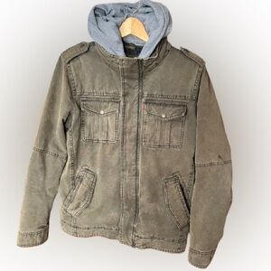 Levi’s Canvas Sherpa Lined Olive Green Hooded Trucker Utility Jacket Size Small